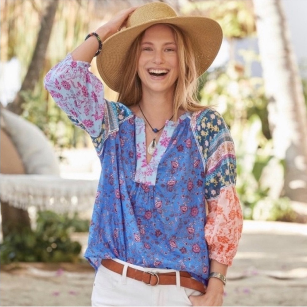 Sundance Floral Patchwork Blouse - Blue and Pink